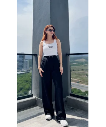 Pileli İki Düğme Siyah Keten Pantolon