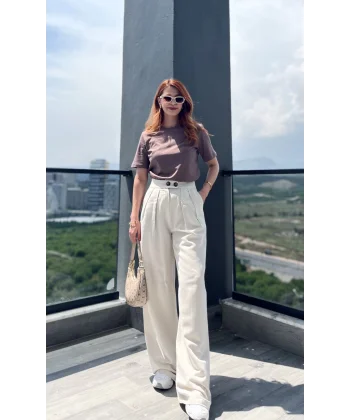 Pileli İki Düğme Taş Keten Pantolon