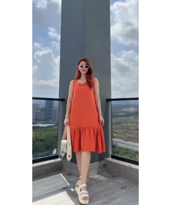 Turuncu Cepli Volanlı Elbise