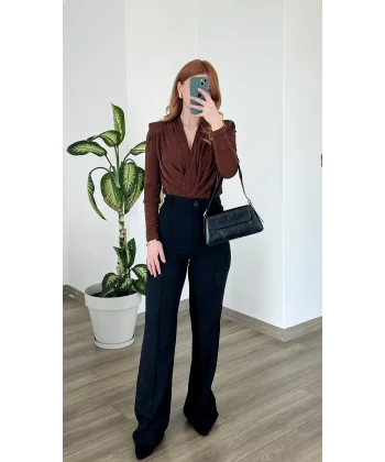 Yüksek bel Çimalı Siyah Kumaş Pantolon (Pamuk dokuma )