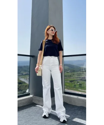Yüksek Bel Pamuk Dokuma Beyaz Jean