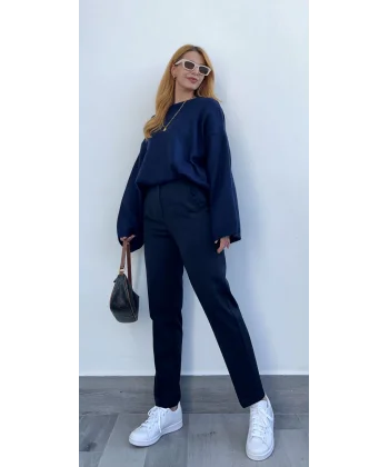 Yüksek Bel Pensli Lacivert Kumaş Pantolon