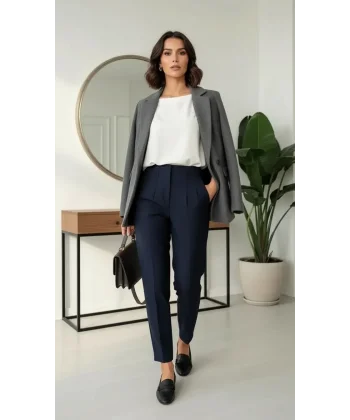 Yüksek Bel Pensli Lacivert Kumaş Pantolon