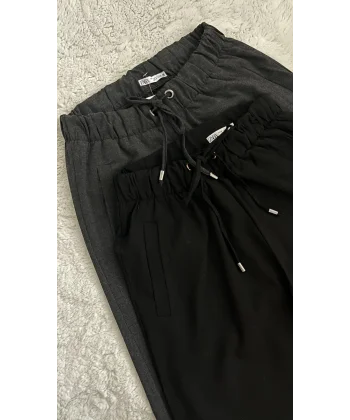 Zr Pamuk kumaş Beli lastikli Kumaş Pantolon (Siyah)