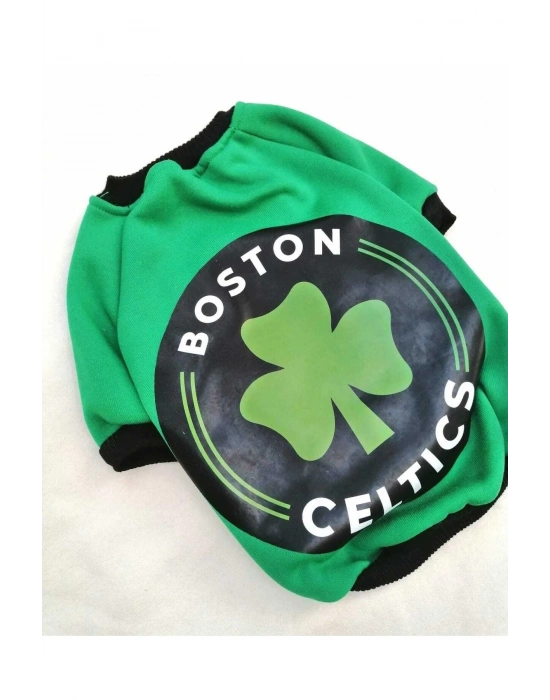 Boston Desenli Yeşil %100 Pamuk Kumaş Kedi Köpek Kıyafeti & Elbisesi Sweatshirt
