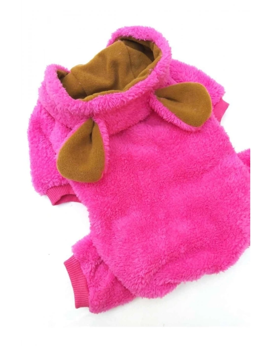 Pembe Peluş Kulaklı %100 Pamuk Kumaş Kedi Köpek Kıyafeti & Elbisesi Kapüşonlu Sweatshirt