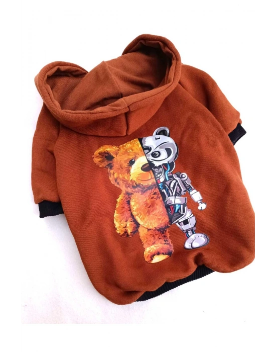 BearRobo İçi Polarlı Kahverengi %100 Pamuk Kumaş Köpek Kıyafeti Kapüşonlu Sweatshirt