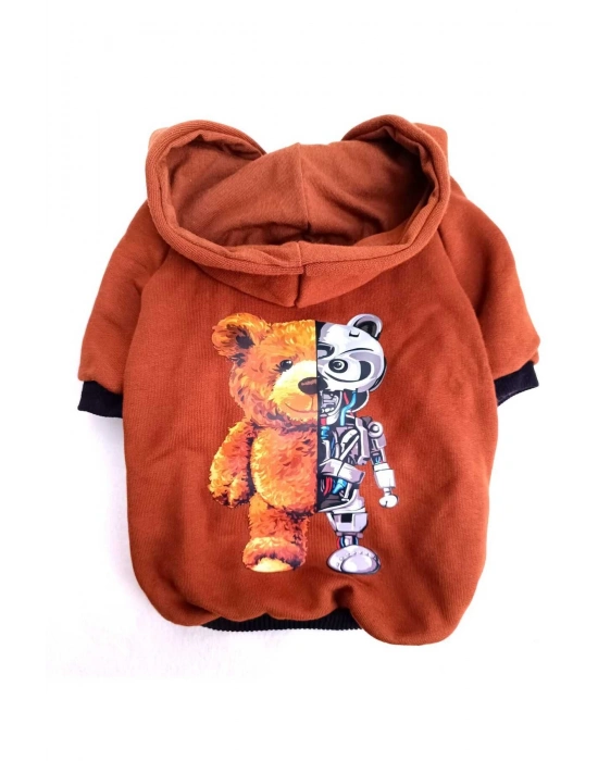 BearRobo İçi Polarlı Kahverengi %100 Pamuk Kumaş Köpek Kıyafeti Kapüşonlu Sweatshirt