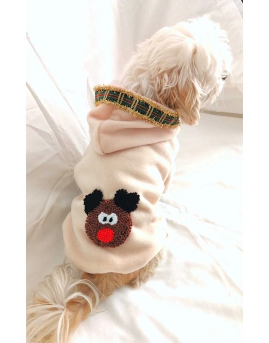 Geyik Aplikeli Kapüşonlu Krem Renkli Köpek Poları