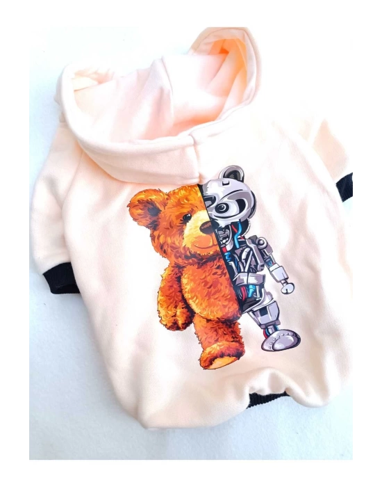 BearRobo İçi Polarlı Krem %100 Pamuk Kumaş Köpek Kıyafeti Kapüşonlu Sweatshirt