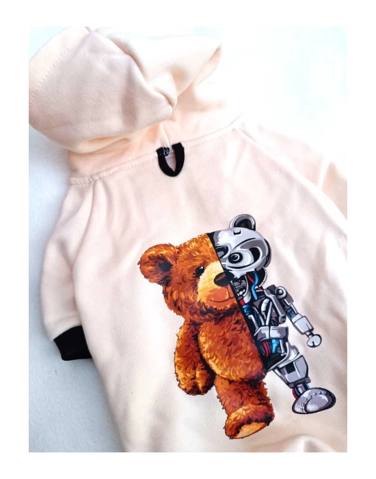 BearRobo İçi Polarlı Krem %100 Pamuk Kumaş Köpek Kıyafeti Kapüşonlu Sweatshirt