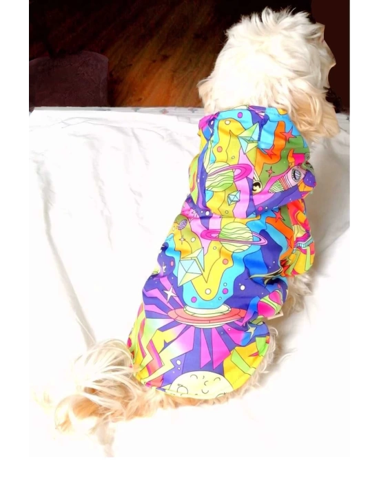 Ufo Desenli Içi Pembe Polarlı Su Geçirmez Köpek Yağmurluğu