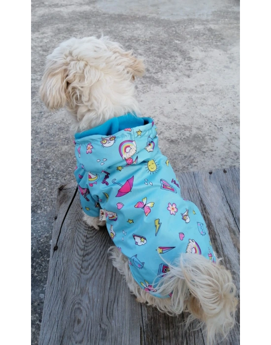 Mavi Unicorn Desenli Peluş Kapüşonlu Köpek Montu