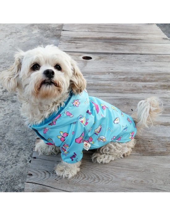 Mavi Unicorn Desenli Peluş Kapüşonlu Köpek Montu