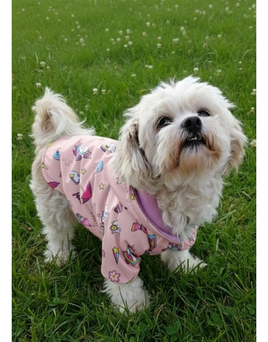 Pembe Unicorn Desenli Peluş Kapüşonlu Köpek Yağmurluğu