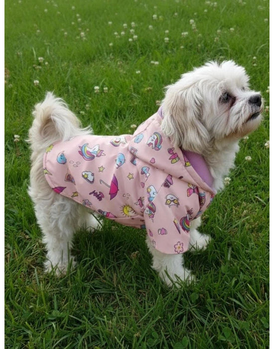 Pembe Unicorn Desenli Peluş Kapüşonlu Köpek Yağmurluğu