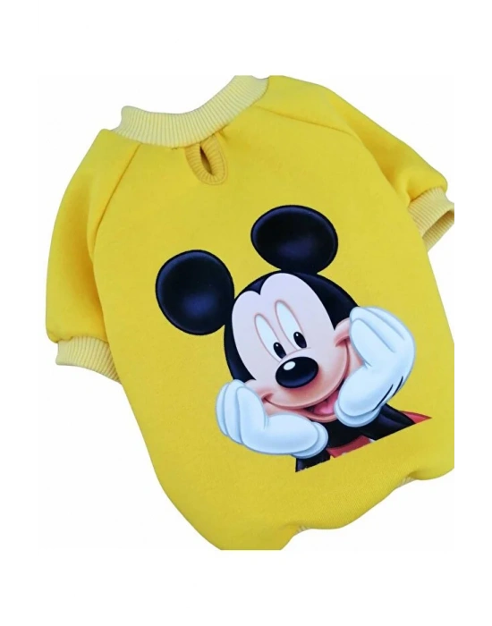 Sarı Çizgi Karakter Baskılı Kedi Köpek Sweatshirt