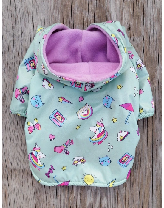Unicorn Desenli Peluş Kapüşonlu Köpek Yağmurluğu