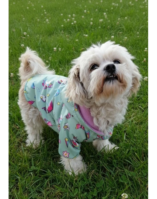 Unicorn Desenli Peluş Kapüşonlu Köpek Yağmurluğu