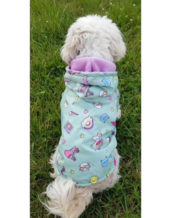 Unicorn Desenli Peluş Kapüşonlu Köpek Yağmurluğu