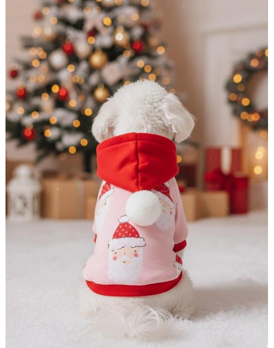 Yılbaşı Noel Baba Desenli Kapüşonlu Kedi Köpek Sweatshirt