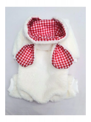 Beyaz Peluş Kulaklı %100 Pamuk Kumaş Kedi Köpek Kıyafeti & Elbisesi Kapüşonlu Sweatshirt