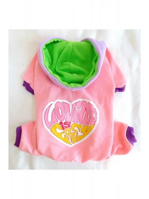 Loving is Easy Baskılı %100 Pamuk Kumaş Kedi Köpek Kıyafeti & Elbisesi Kapüşonlu Tulum
