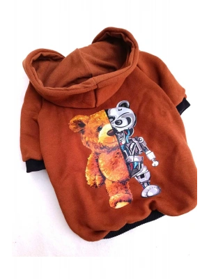 BearRobo İçi Polarlı Kahverengi %100 Pamuk Kumaş Köpek Kıyafeti Kapüşonlu Sweatshirt