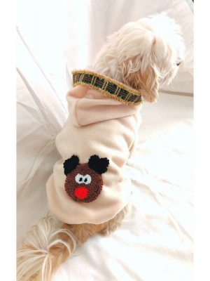 Geyik Aplikeli Kapüşonlu Krem Renkli Köpek Poları