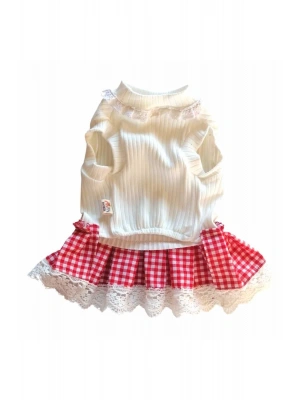 Dantel Detaylı Etekli Kırmızı Beyaz Köpek Kıyafeti