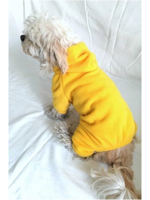 Sarı Polarlı %100 Pamuk Kumaş Köpek Kıyafeti Kapüşonlu Tulum