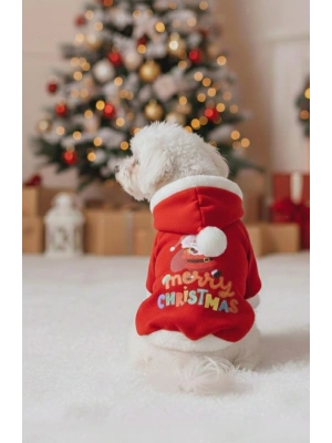 Kırmızı Yılbaşı Temalı Kapüşonlu Kedi Köpek Sweatshirt – Merry Christmas