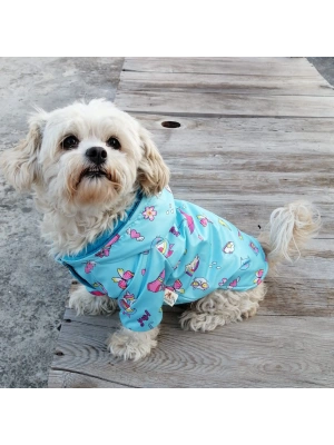 Mavi Unicorn Desenli Peluş Kapüşonlu Köpek Montu