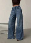 Mavi Taş Detaylı Wide Leg Jean Pantolon