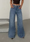 Mavi Taş Detaylı Wide Leg Jean Pantolon