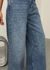 Mavi Taş Detaylı Wide Leg Jean Pantolon