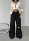 Siyah Taş Detaylı Yırtık Wide Leg Jean Pantolon