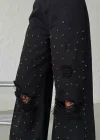 Siyah Taş Detaylı Yırtık Wide Leg Jean Pantolon