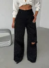 Siyah Taş Detaylı Yırtık Wide Leg Jean Pantolon
