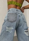 Buz Mavi Silver Taş Detaylı Yırtık Wide Leg Jean Pantolon