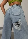 Buz Mavi Silver Taş Detaylı Yırtık Wide Leg Jean Pantolon
