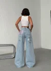 Buz Mavi Pink Taş Detaylı Yırtık Wide Leg Jean Pantolon