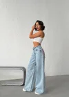 Buz Mavi Pink Taş Detaylı Yırtık Wide Leg Jean Pantolon