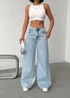 Buz Mavi Pink Taş Detaylı Yırtık Wide Leg Jean Pantolon