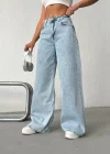 Buz Mavi Pink Taş Detaylı Yırtık Wide Leg Jean Pantolon