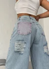 Buz Mavi Pink Taş Detaylı Yırtık Wide Leg Jean Pantolon