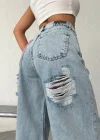 Buz Mavi Pink Taş Detaylı Yırtık Wide Leg Jean Pantolon