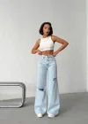 Açık Mavi Yırtık Detaylı Wide Leg Jean Pantolon