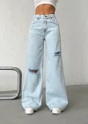 Açık Mavi Yırtık Detaylı Wide Leg Jean Pantolon
