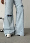 Açık Mavi Yırtık Detaylı Wide Leg Jean Pantolon
